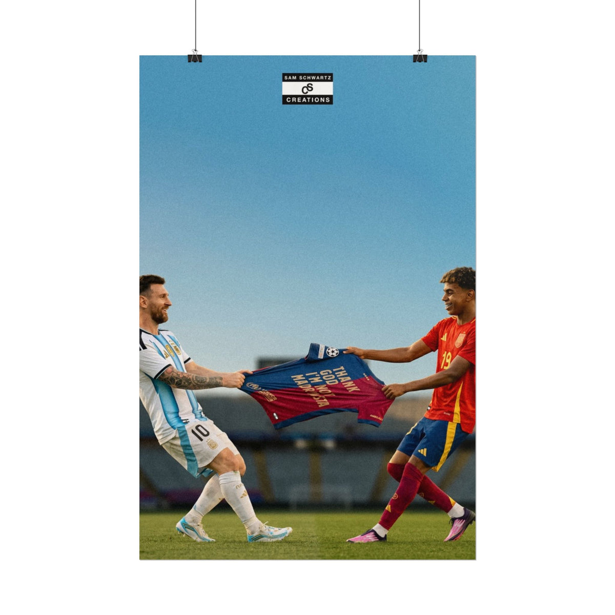 Lionel Messi and Lamine Yamal holding a Barcelona tribute shirt