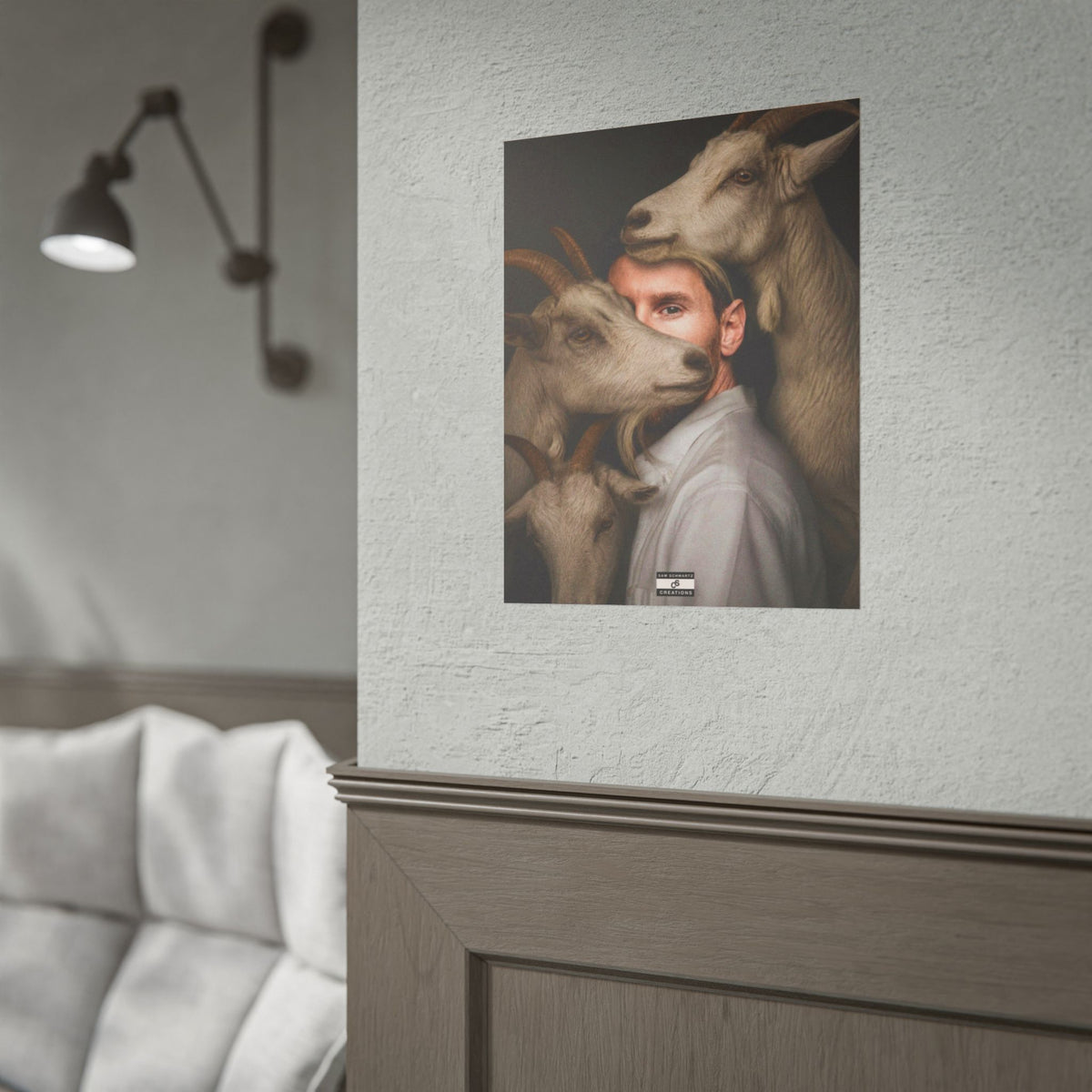 Lionel Messi surrounded by goats in a surreal football GOAT portrait