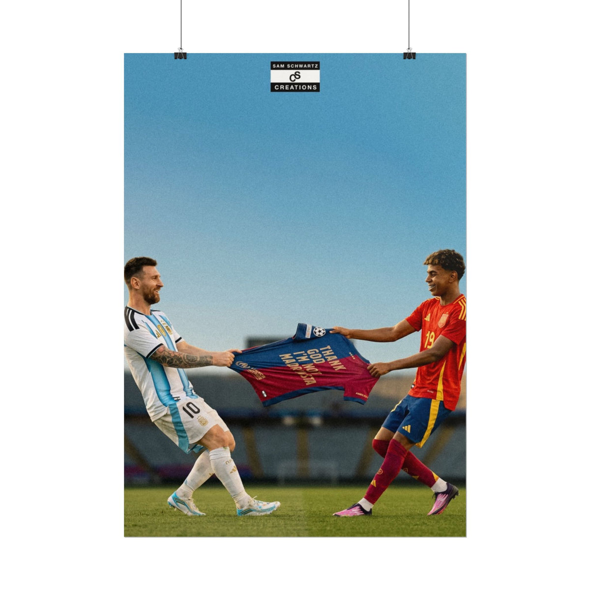 Lionel Messi and Lamine Yamal holding a Barcelona tribute shirt