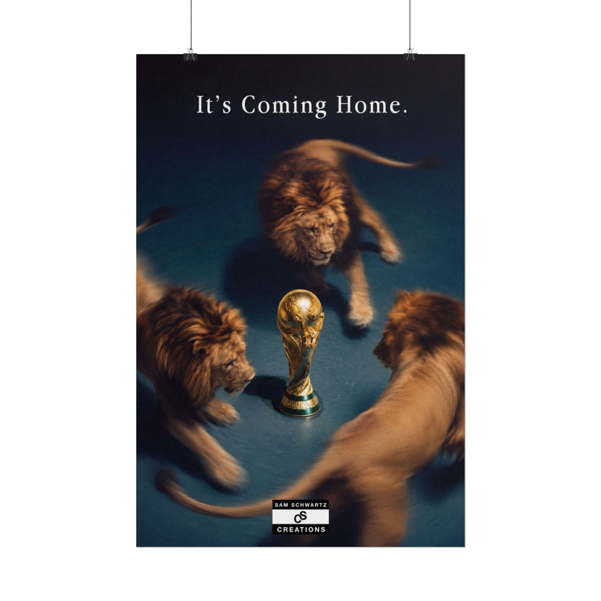 Three lions circling the World Cup trophy in an England football poster