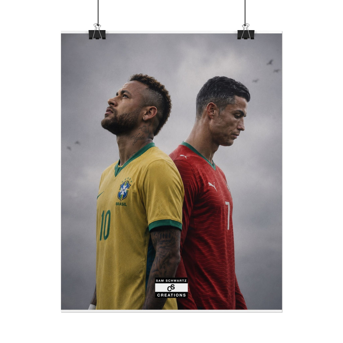Neymar in Brazil colours and Cristiano Ronaldo in Portugal colours standing back-to-back