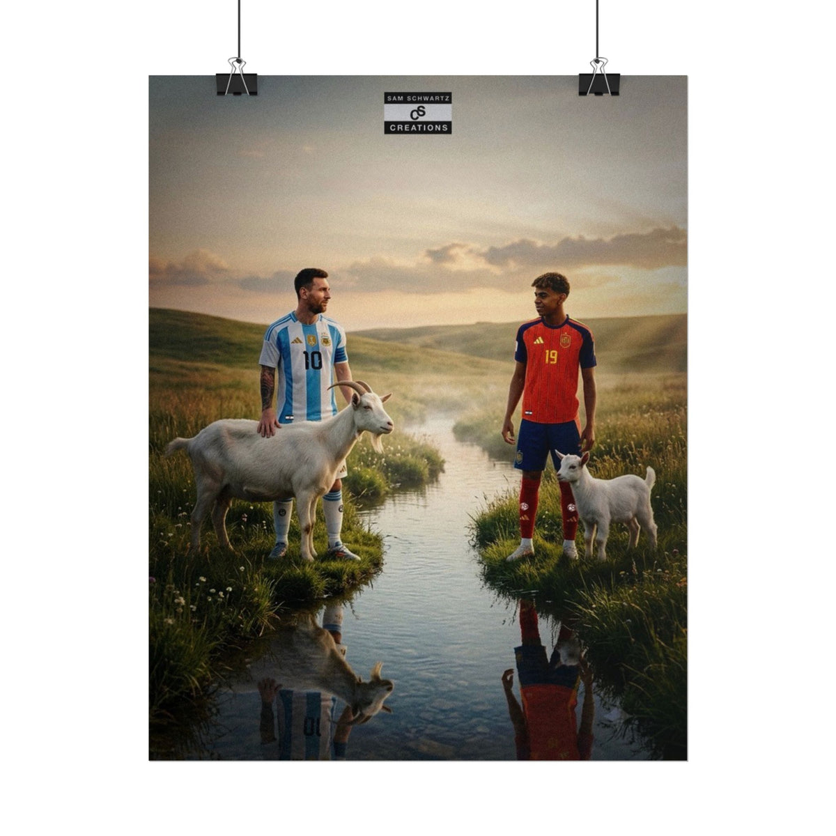 Lionel Messi and Lamine Yamal with goats in a football legacy poster