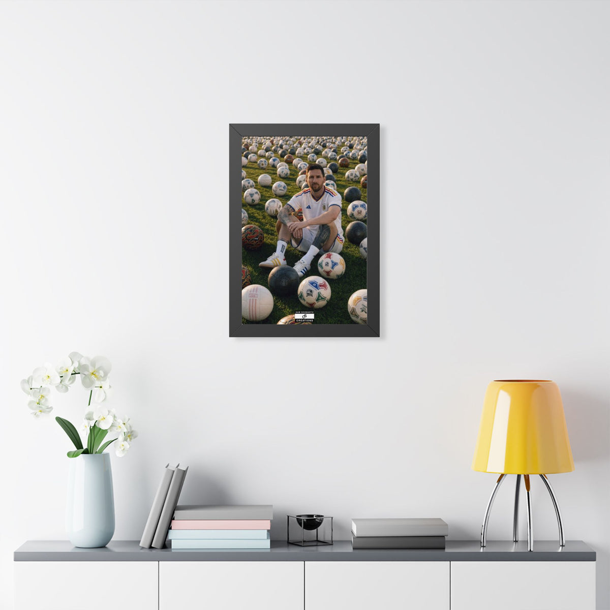 Messi x Soccer Balls Framed Poster — Framed GOAT Wall Art