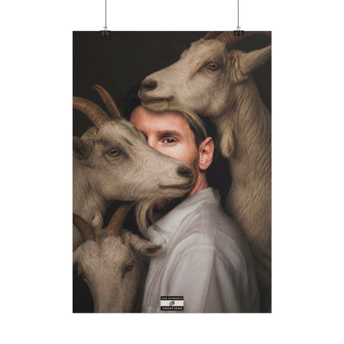 Lionel Messi surrounded by goats in a surreal football GOAT portrait