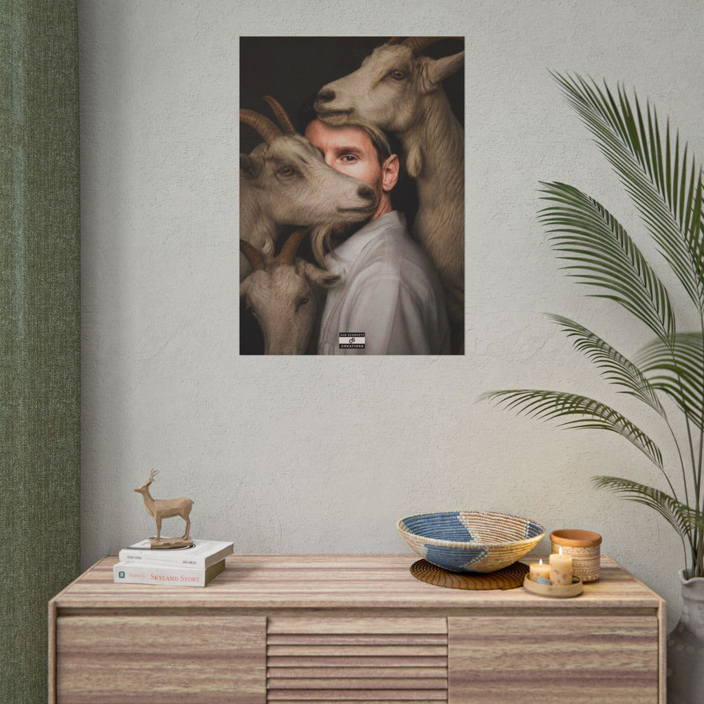 Lionel Messi surrounded by goats in a surreal football GOAT portrait