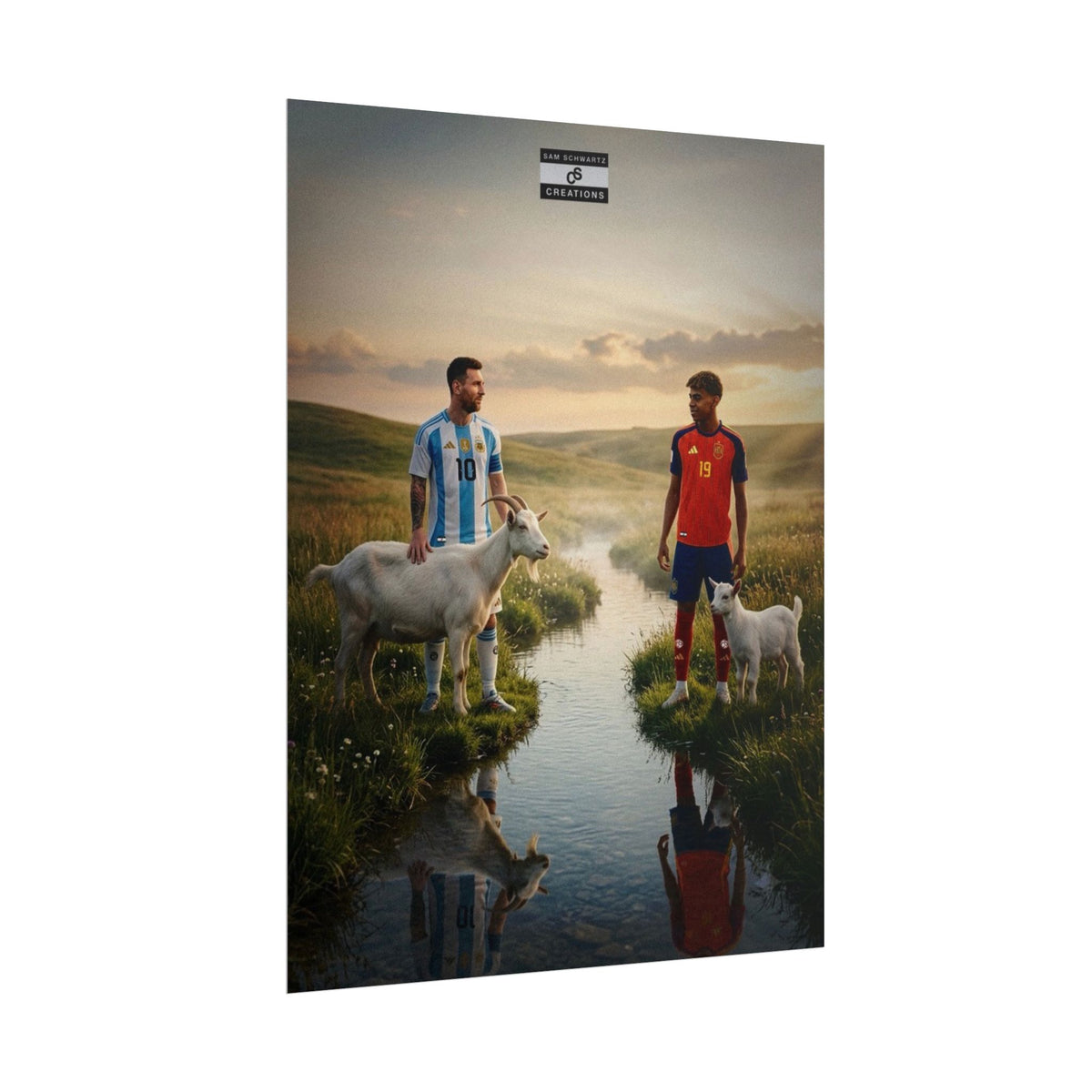 Lionel Messi and Lamine Yamal with goats in a football legacy poster