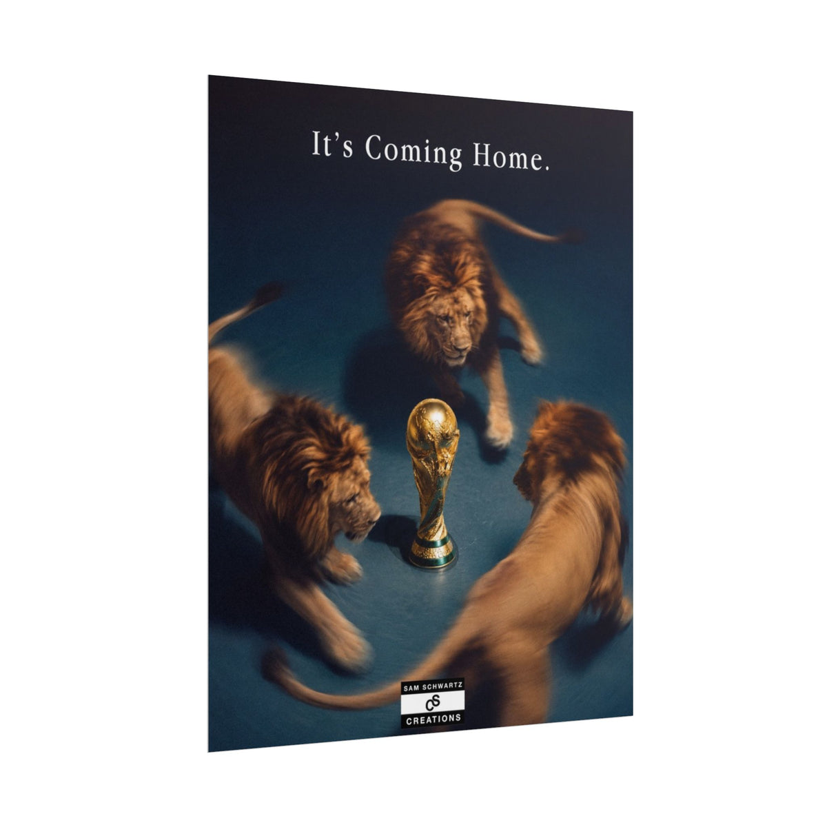 Three lions circling the World Cup trophy in an England football poster