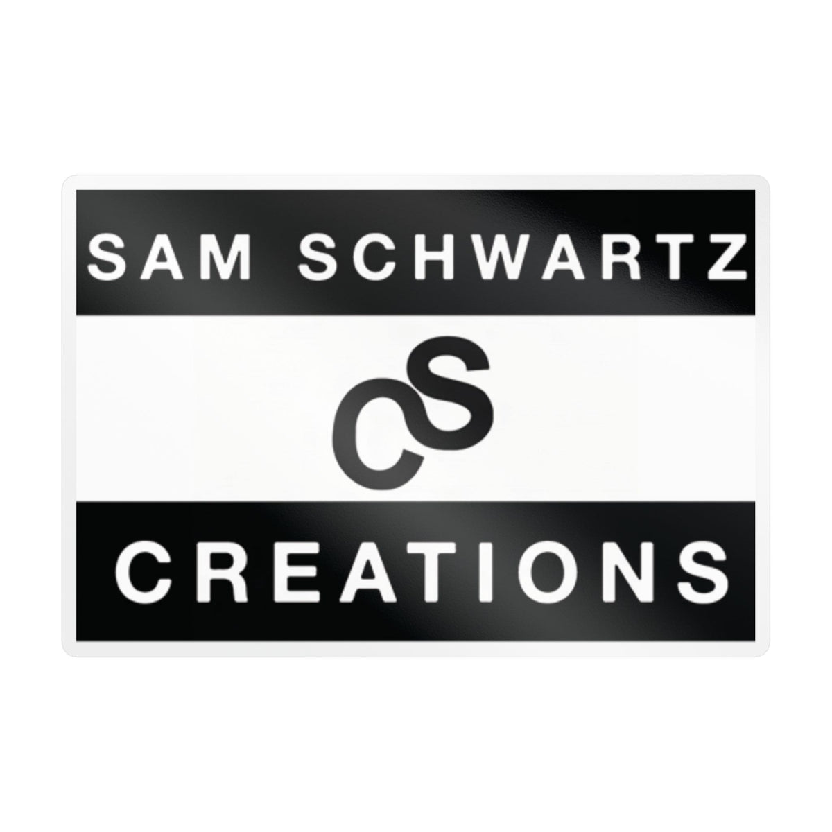A rectangular sticker or label with a white background, featuring two vertical black side panels with the text 'SAM SCHWARTZ' and 'CREATIONS' in white, and a black stylized 'SC' logo in the center.