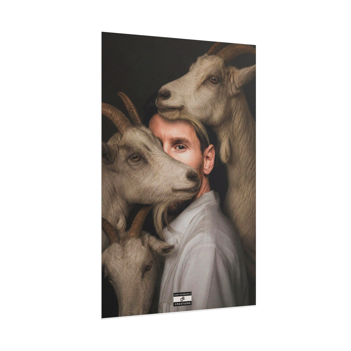 Lionel Messi surrounded by goats in a surreal football GOAT portrait