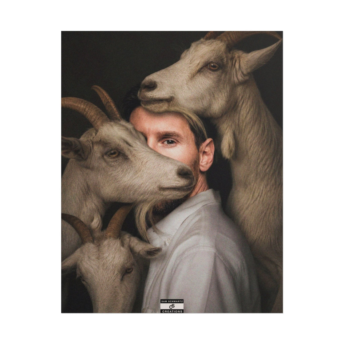 Lionel Messi surrounded by goats in a surreal football GOAT portrait
