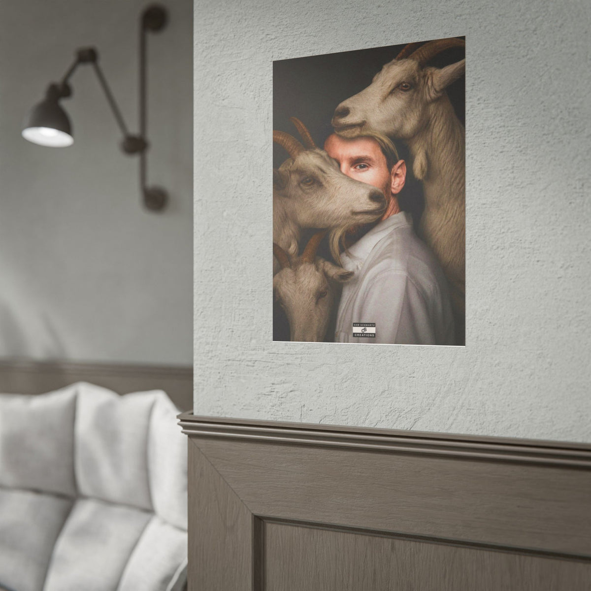 Lionel Messi surrounded by goats in a surreal football GOAT portrait