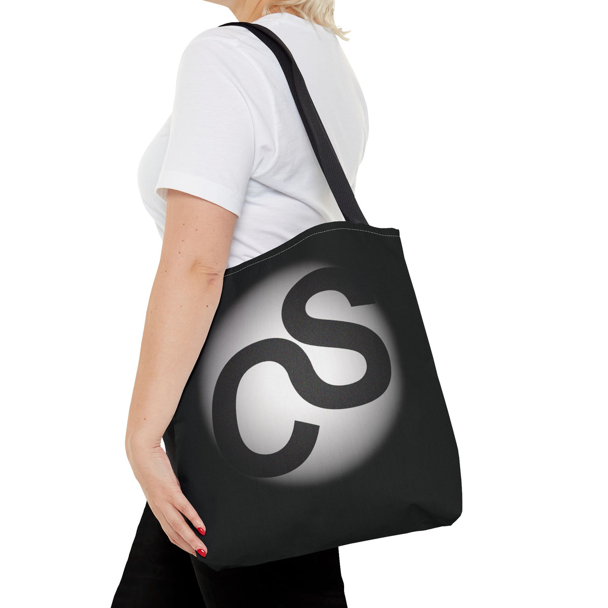 Monochrome Sam Schwartz Creations Logo Tote Bag – Minimalist Black & White Carryall
