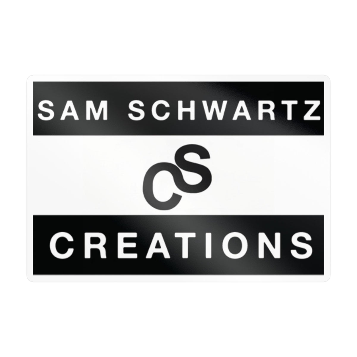 A square sticker or label with a white background, featuring two vertical black side panels with white text reading 'SAM SCHWARTZ' and 'CREATIONS' respectively, and a black stylized 'SC' logo in the center.