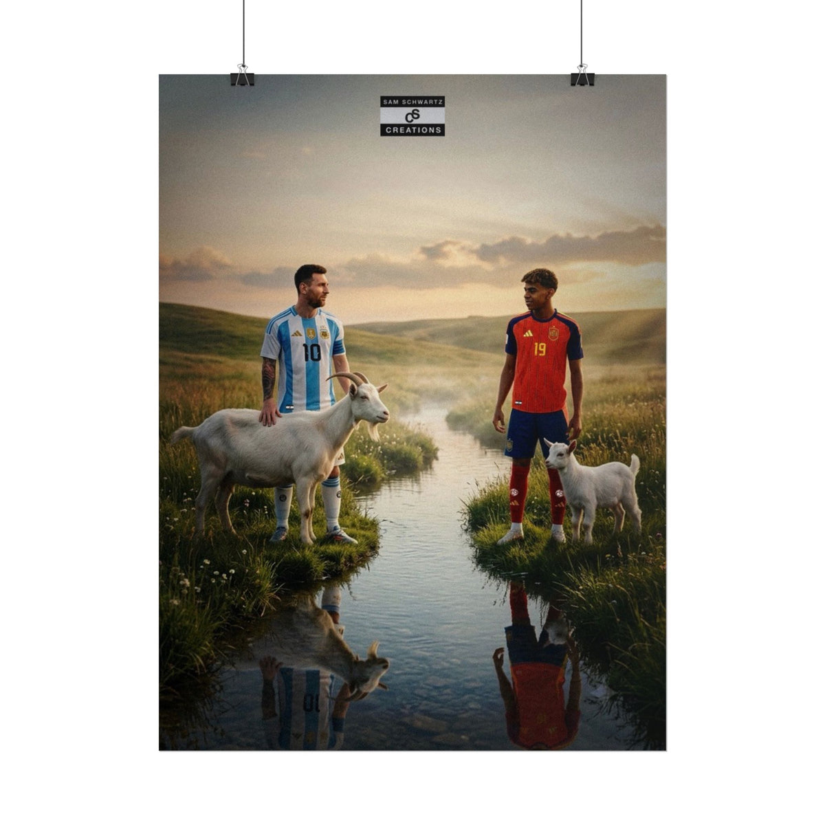 Lionel Messi and Lamine Yamal with goats in a football legacy poster