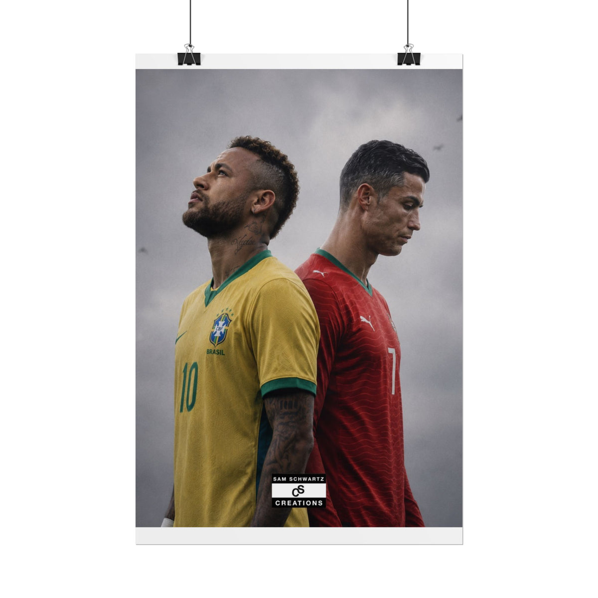 Neymar in Brazil colours and Cristiano Ronaldo in Portugal colours standing back-to-back