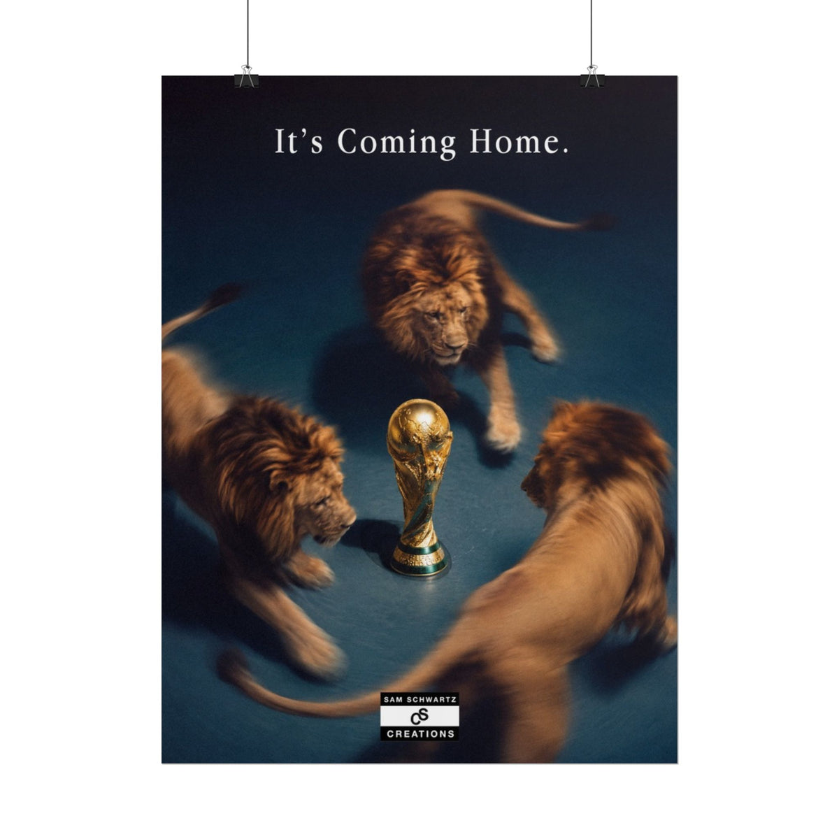 Three lions circling the World Cup trophy in an England football poster