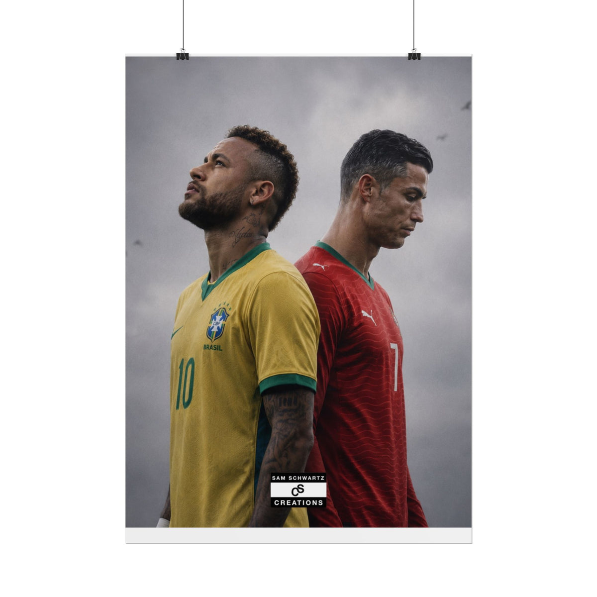Neymar in Brazil colours and Cristiano Ronaldo in Portugal colours standing back-to-back