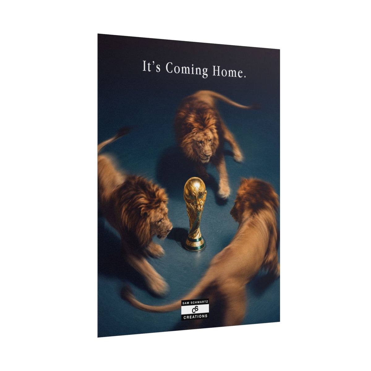 Three lions circling the World Cup trophy in an England football poster