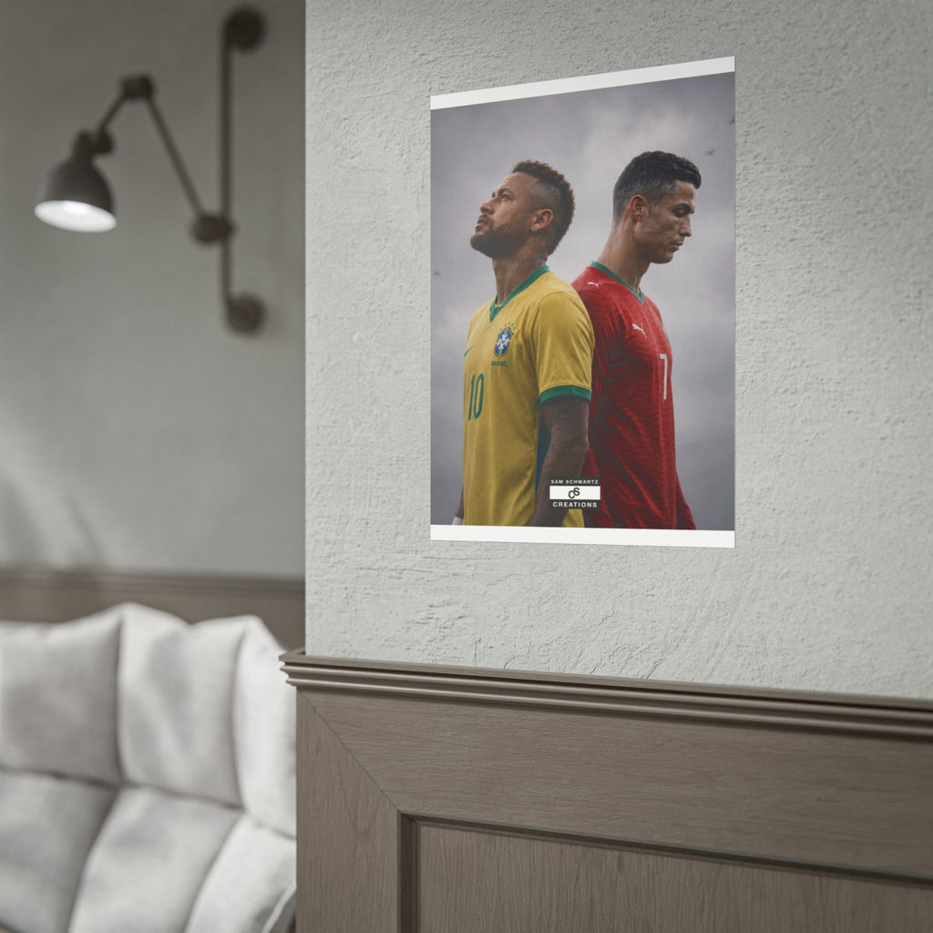 Neymar in Brazil colours and Cristiano Ronaldo in Portugal colours standing back-to-back