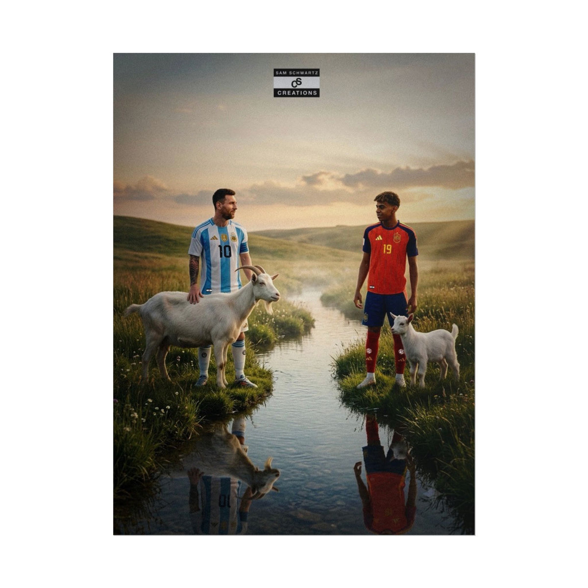 Lionel Messi and Lamine Yamal with goats in a football legacy poster