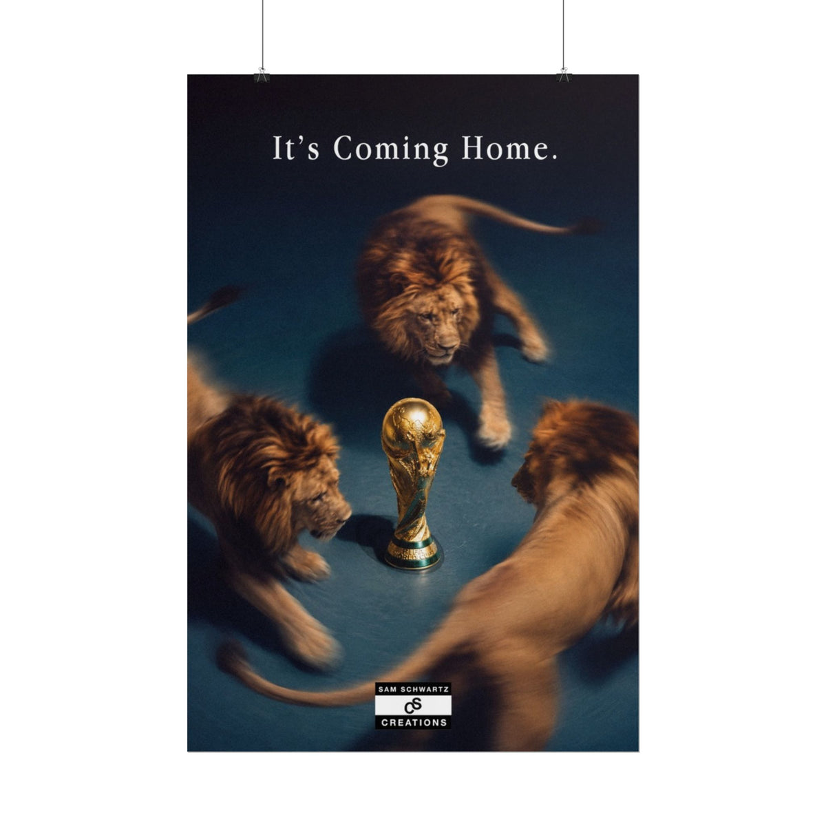 Three lions circling the World Cup trophy in an England football poster