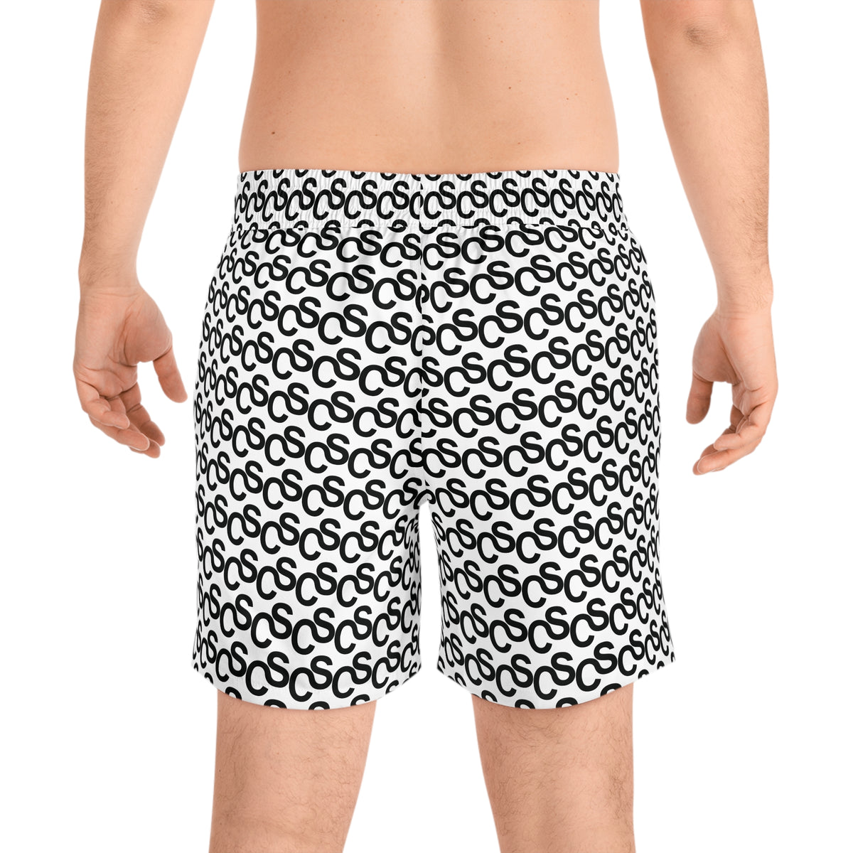 Sam Schwartz Creations Monogram Pattern Swim Shorts — Black & White All-Over Print