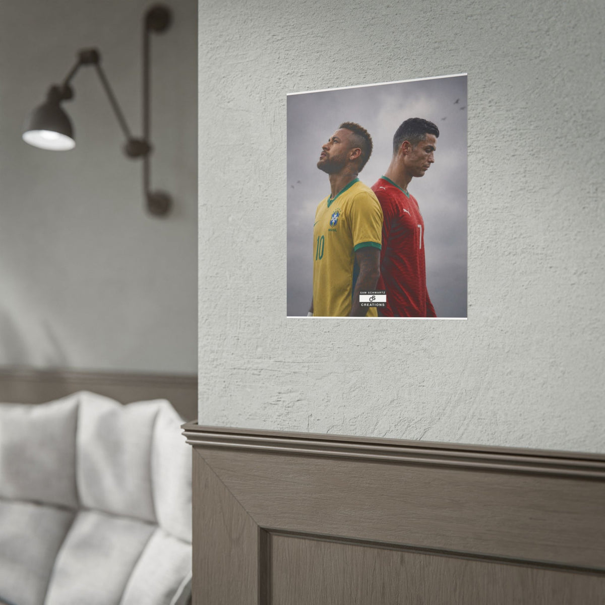 Neymar in Brazil colours and Cristiano Ronaldo in Portugal colours standing back-to-back