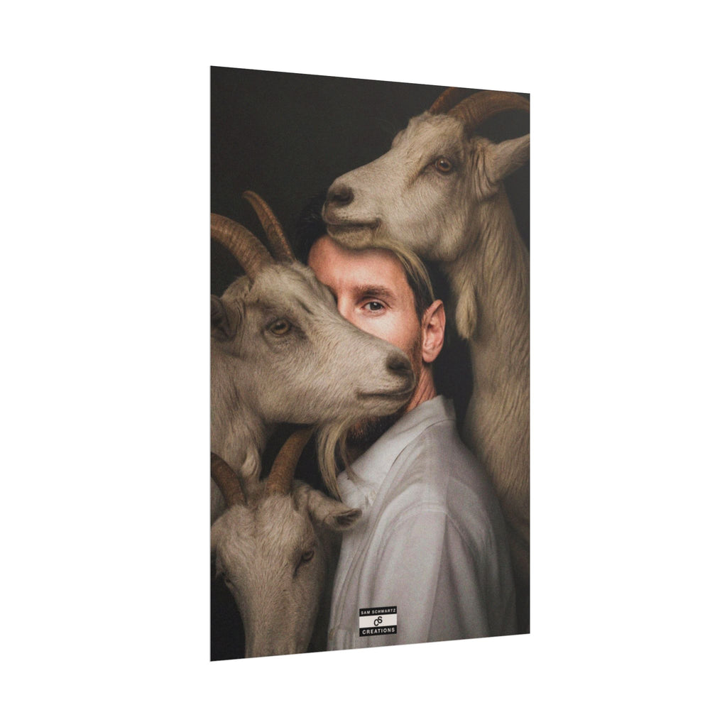 Lionel Messi surrounded by goats in a surreal football GOAT portrait