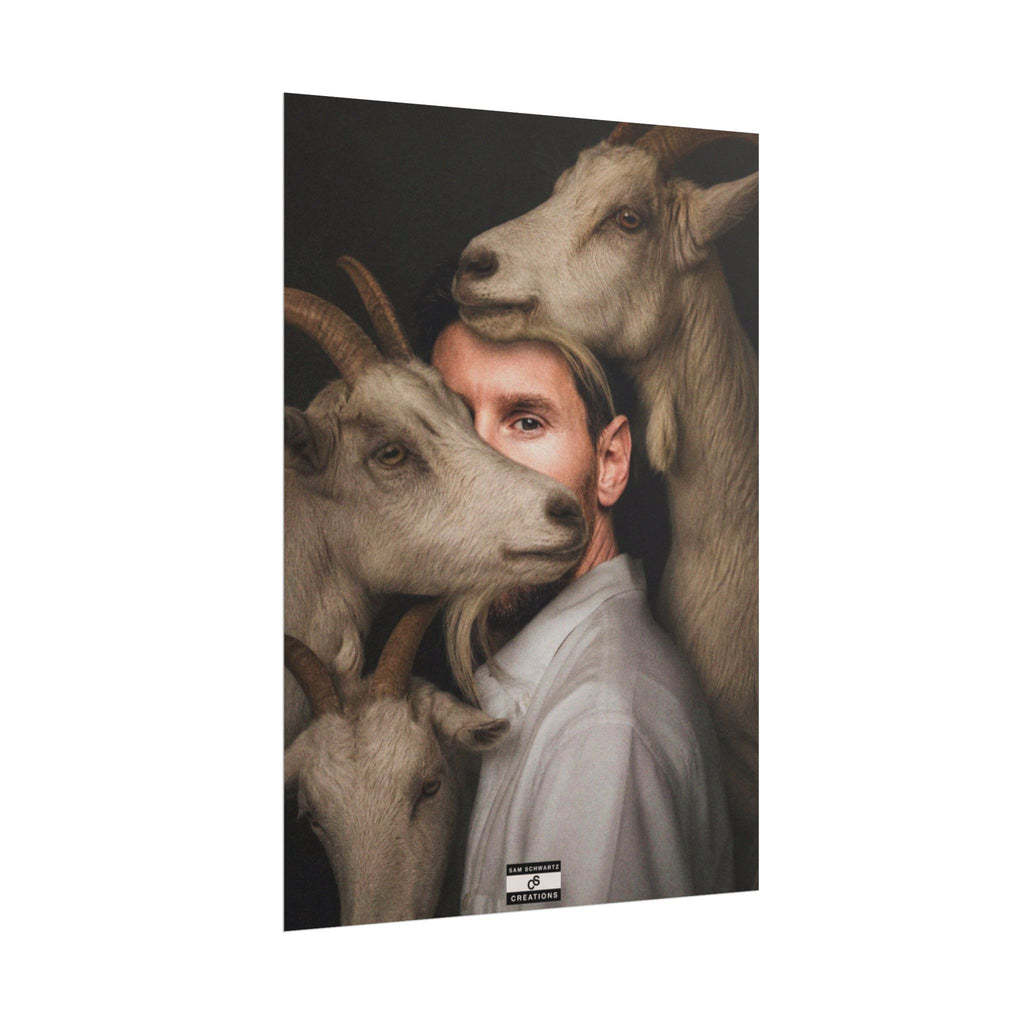 Lionel Messi surrounded by goats in a surreal football GOAT portrait