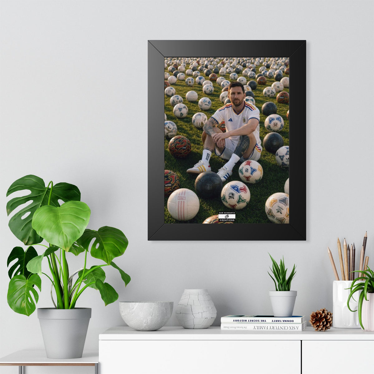 Messi x Soccer Balls Framed Poster — Framed GOAT Wall Art