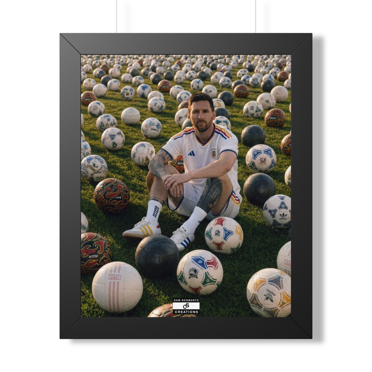 Messi x Soccer Balls Framed Poster — Framed GOAT Wall Art