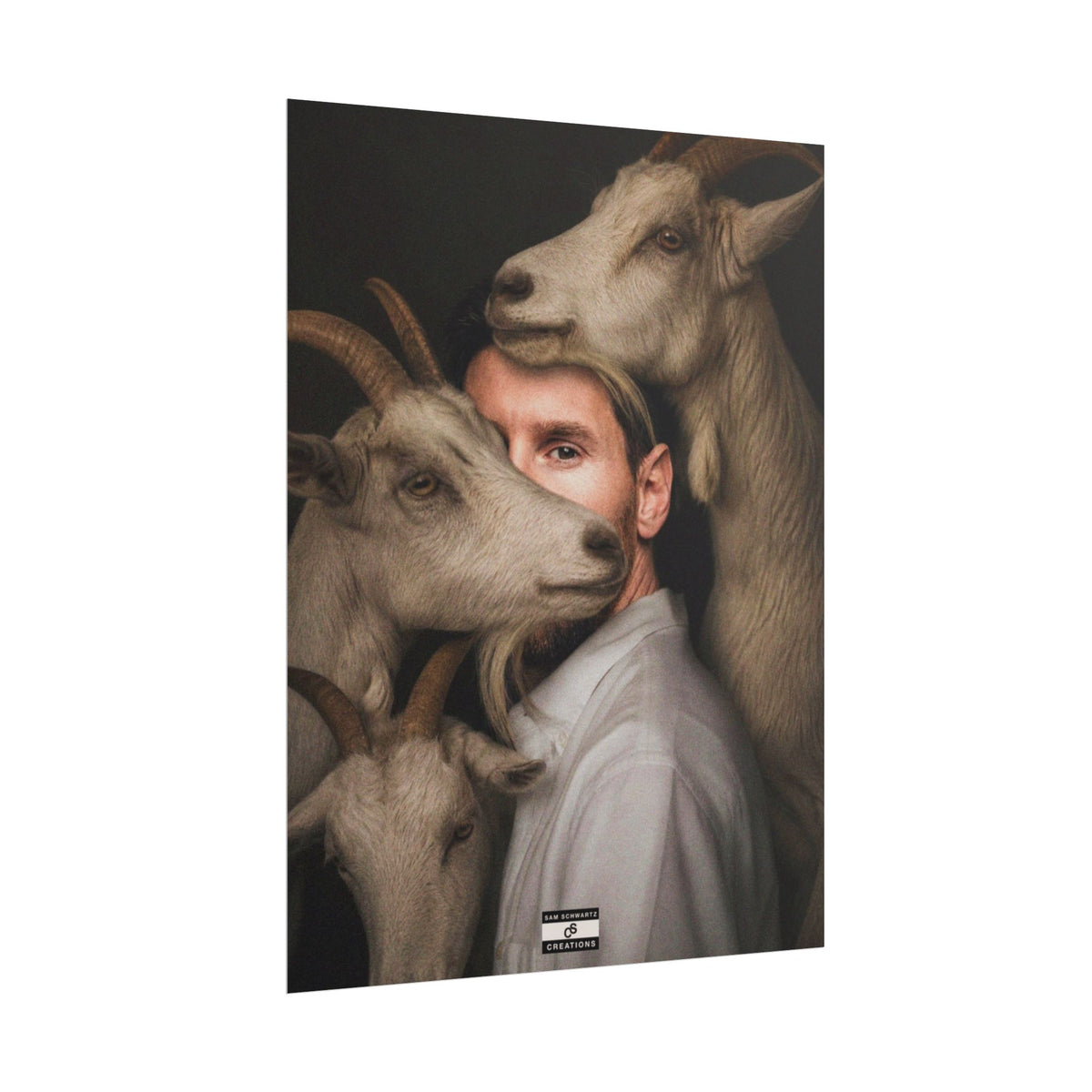 Lionel Messi surrounded by goats in a surreal football GOAT portrait