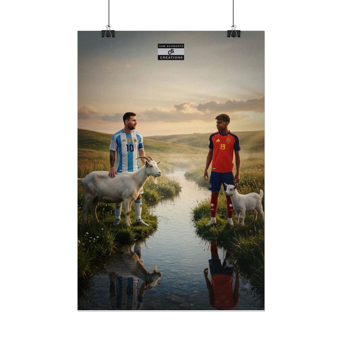 Lionel Messi and Lamine Yamal with goats in a football legacy poster