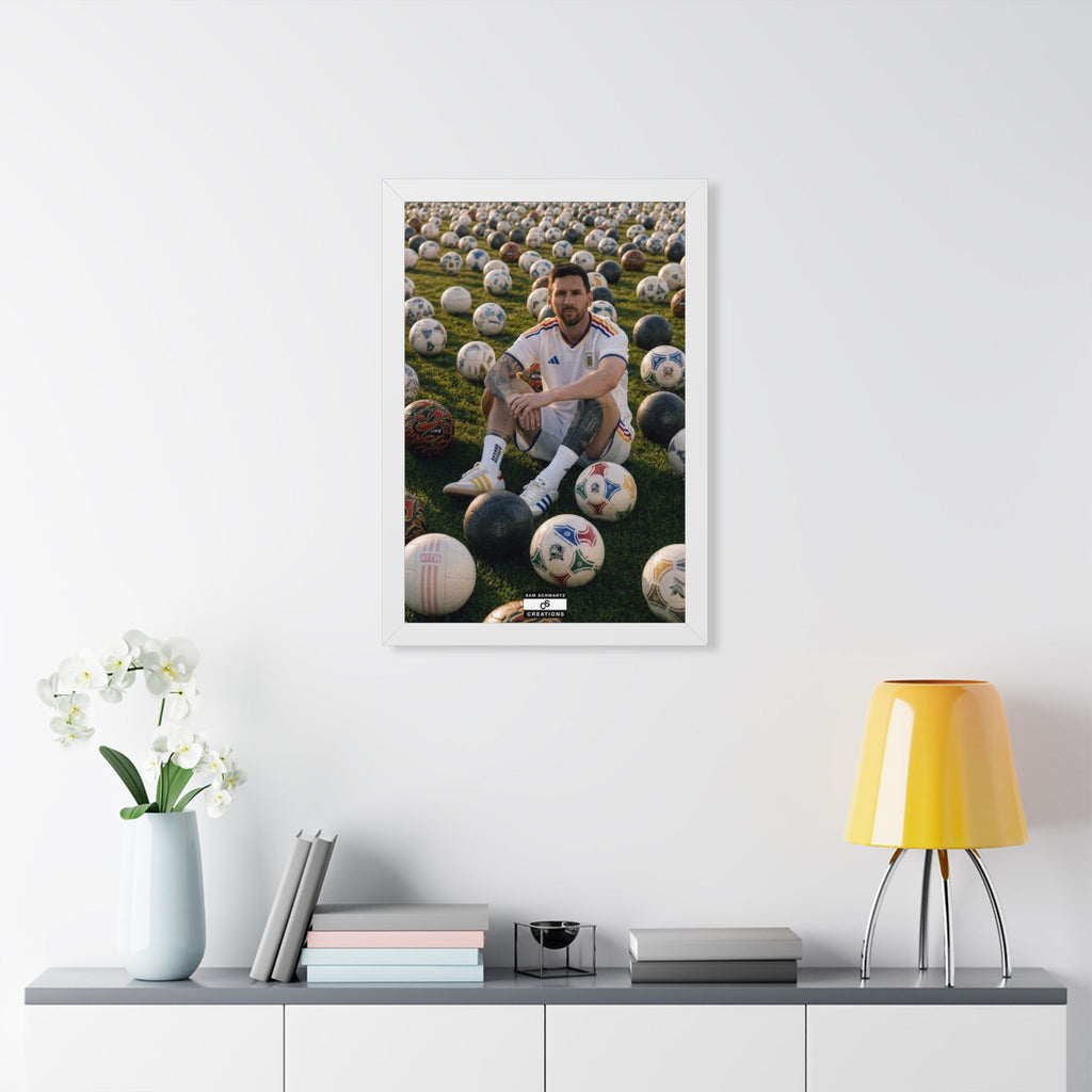 Messi x Soccer Balls Framed Poster — Framed GOAT Wall Art