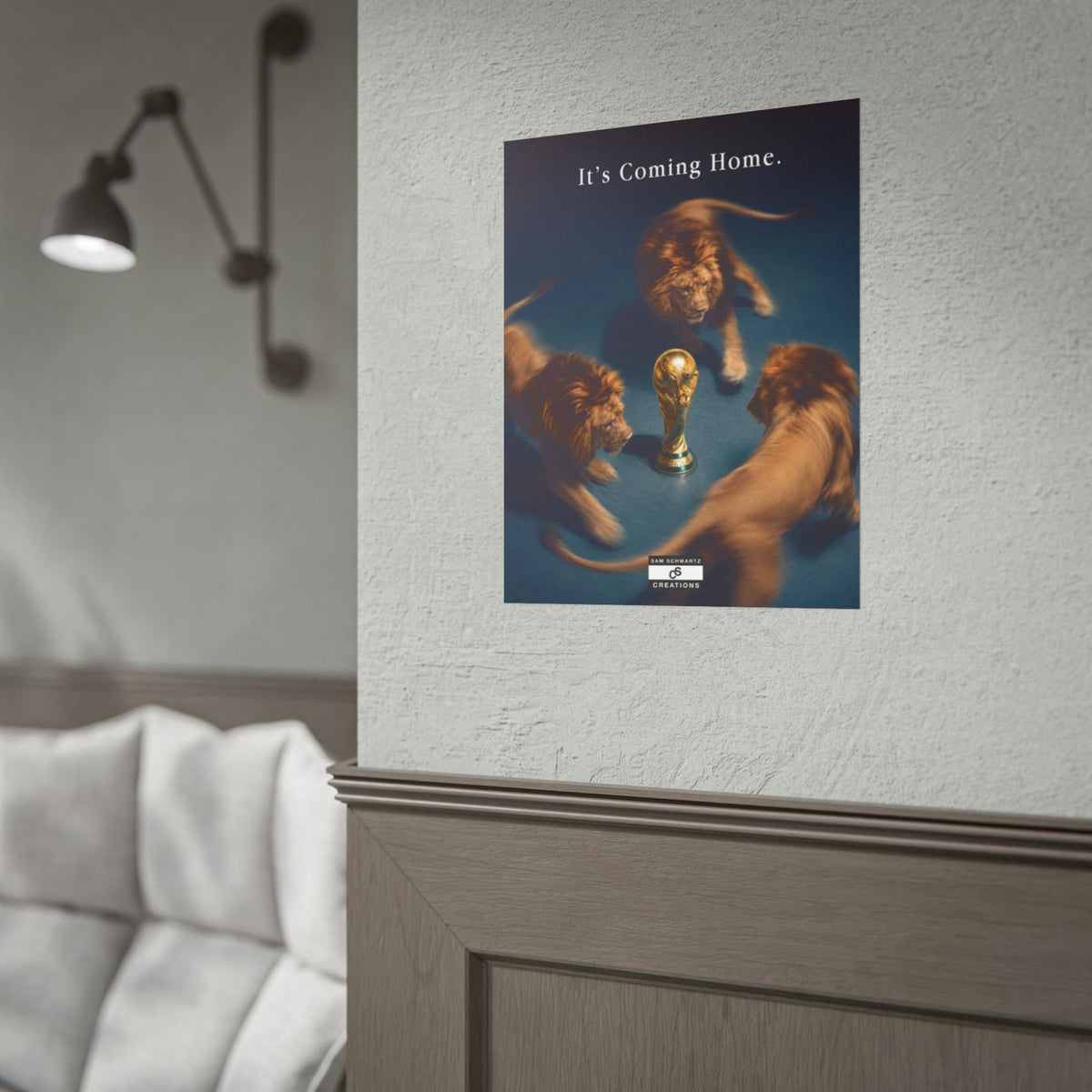 Three lions circling the World Cup trophy in an England football poster