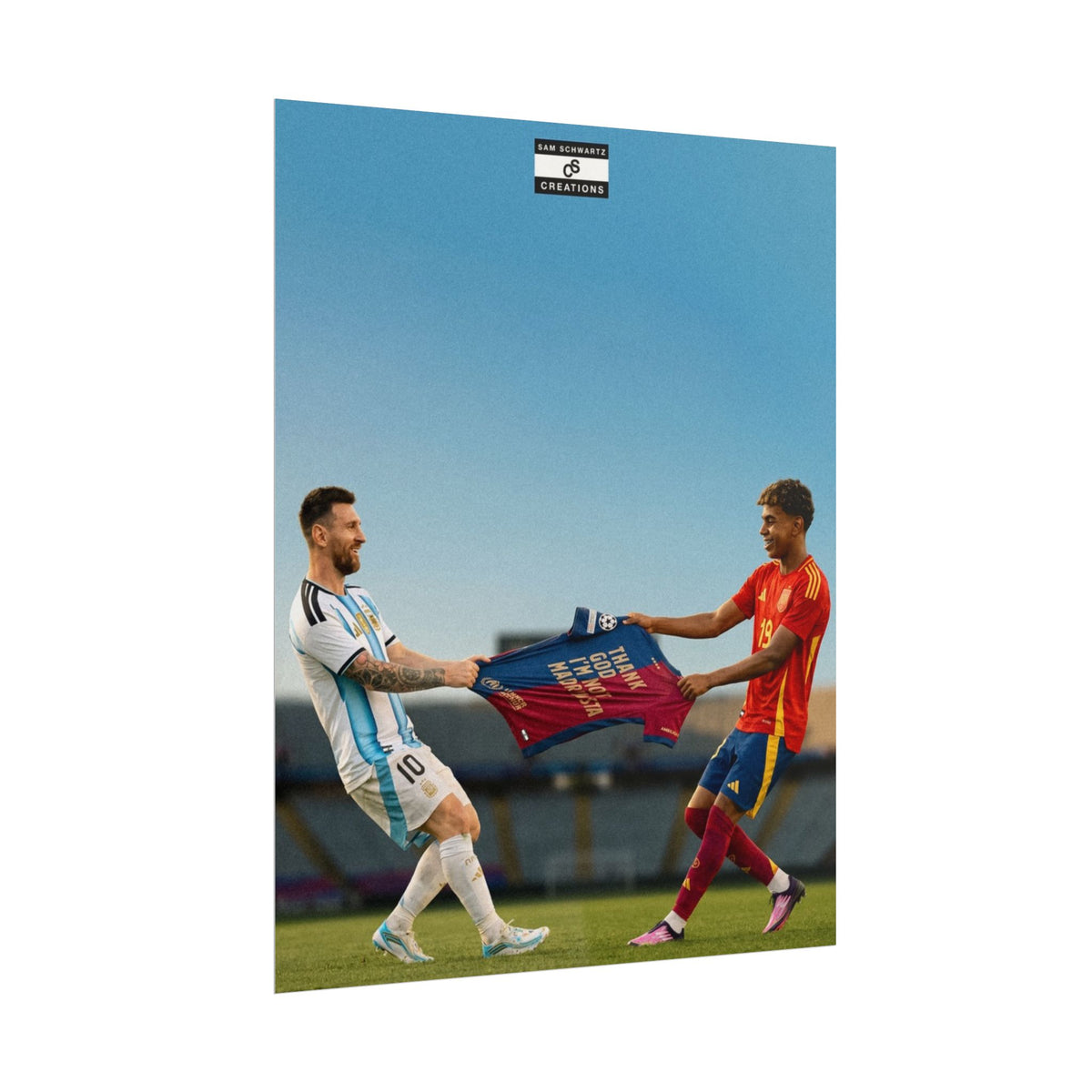 Lionel Messi and Lamine Yamal holding a Barcelona tribute shirt