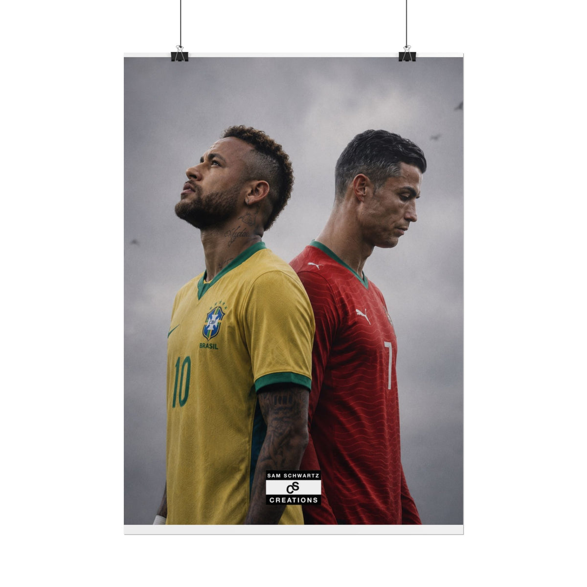 Neymar in Brazil colours and Cristiano Ronaldo in Portugal colours standing back-to-back