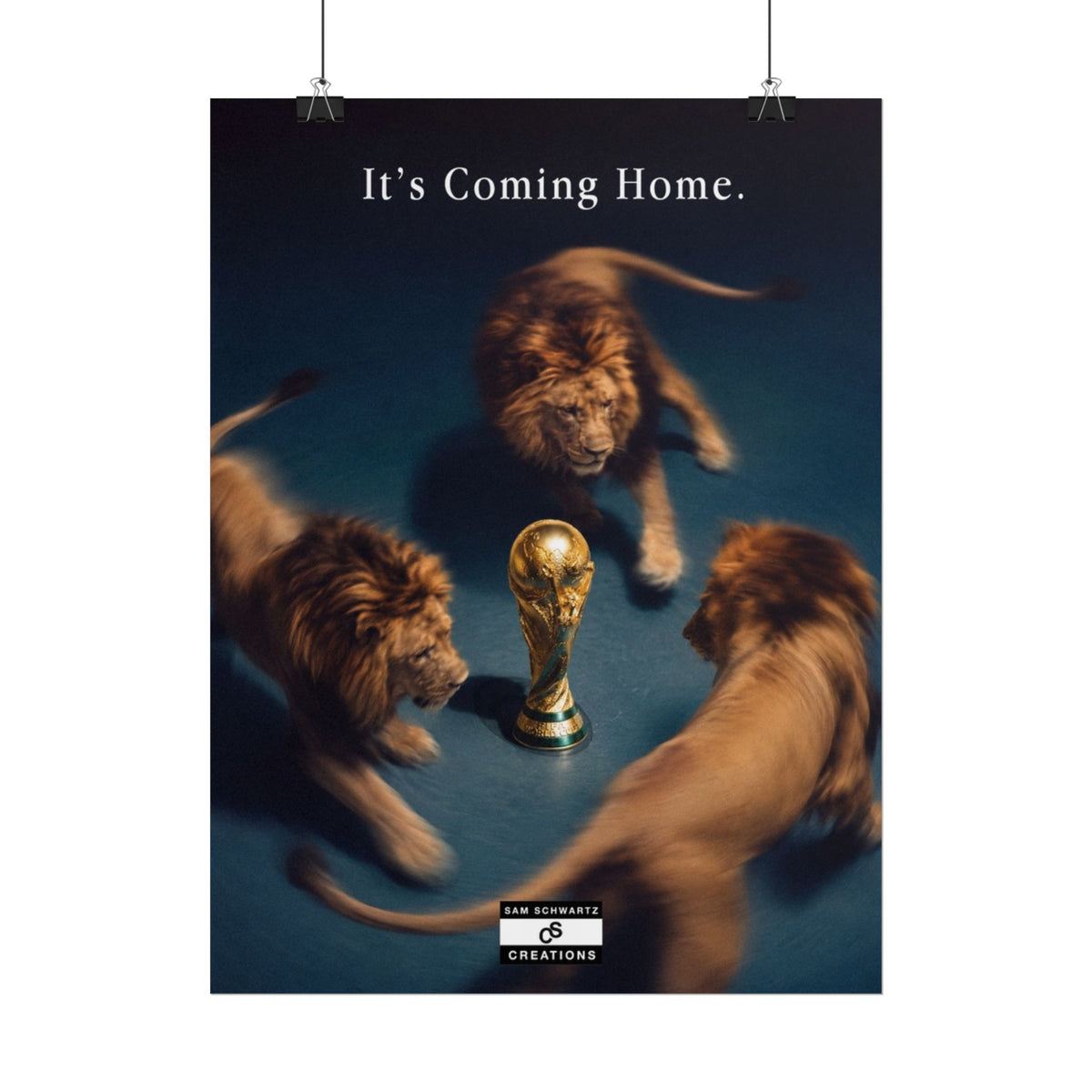 Three lions circling the World Cup trophy in an England football poster