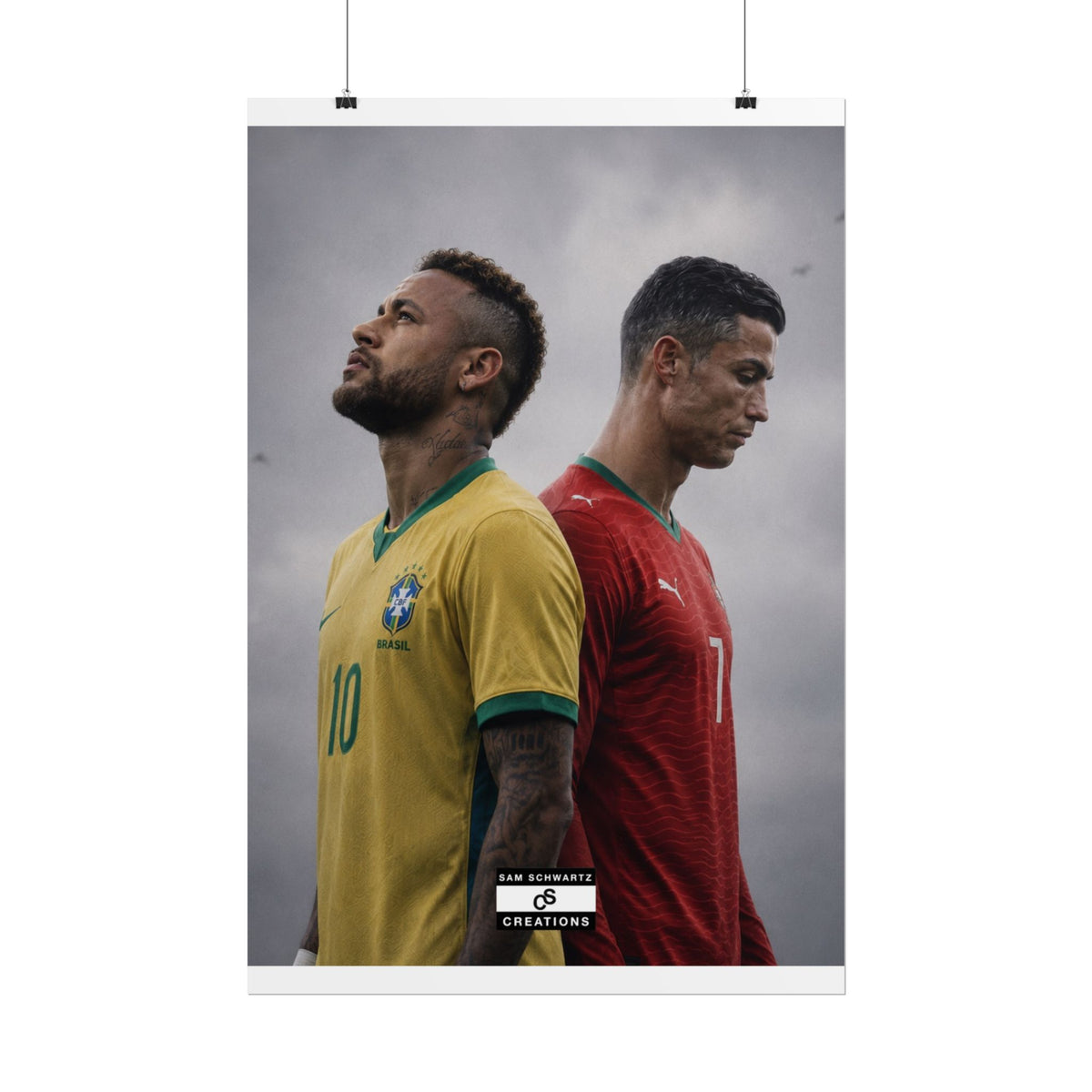 Neymar in Brazil colours and Cristiano Ronaldo in Portugal colours standing back-to-back