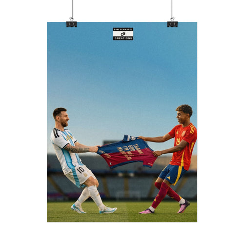 Lionel Messi and Lamine Yamal holding a Barcelona tribute shirt