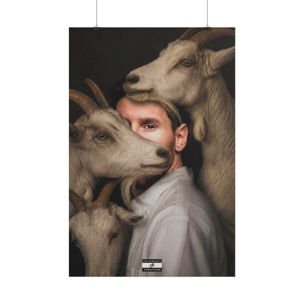 Lionel Messi surrounded by goats in a surreal football GOAT portrait