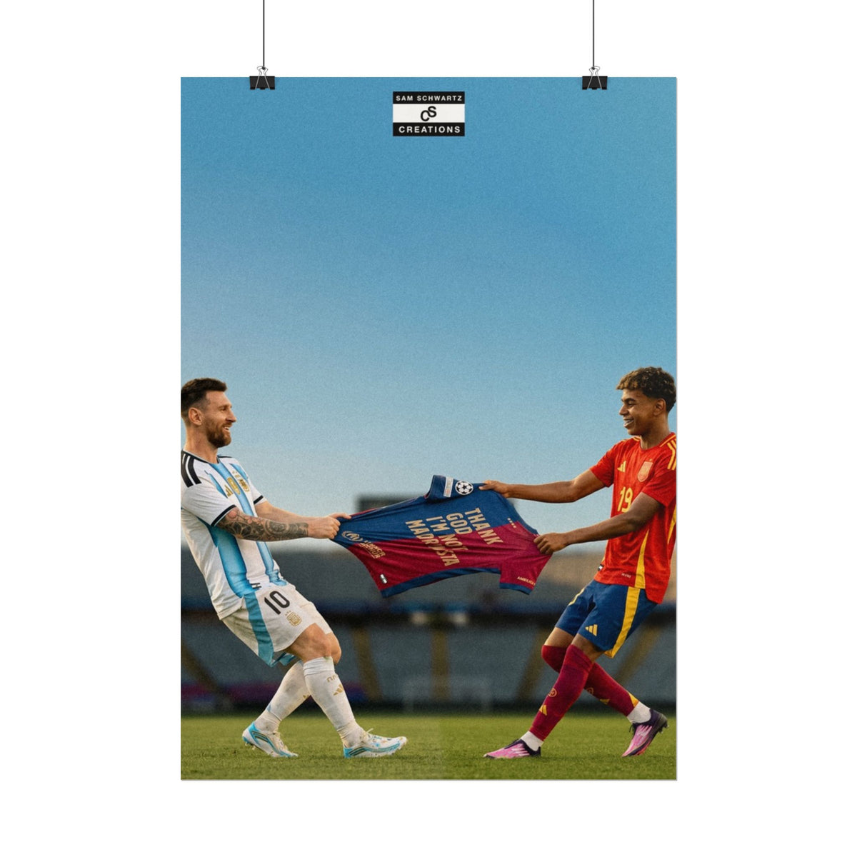 Lionel Messi and Lamine Yamal holding a Barcelona tribute shirt