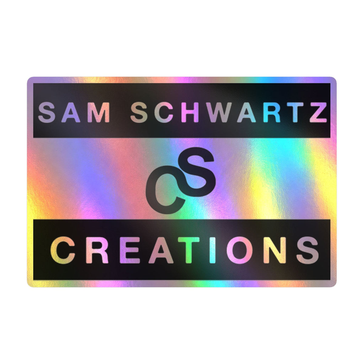A rectangular holographic sticker with black vertical side panels reading 'SAM SCHWARTZ' on the left and 'CREATIONS' on the right, with a large stylized 'SC' logo in the center. The holographic background shifts through rainbow colors.