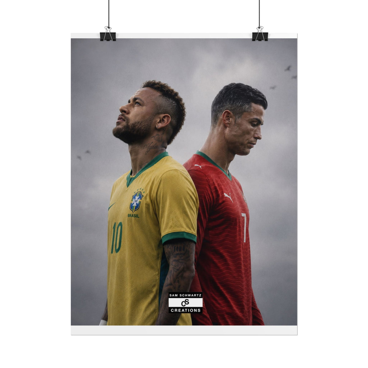 Neymar in Brazil colours and Cristiano Ronaldo in Portugal colours standing back-to-back