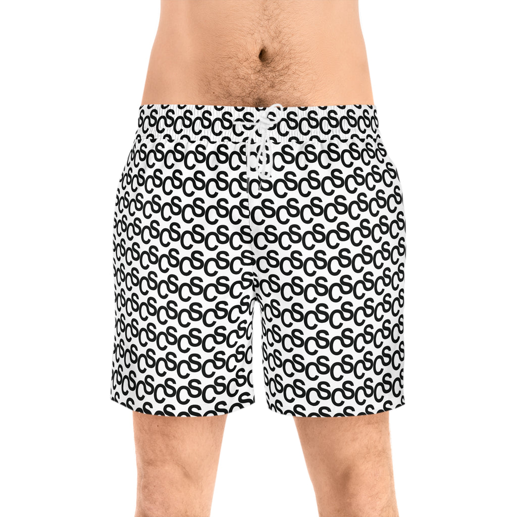 Sam Schwartz Creations Monogram Pattern Swim Shorts — Black & White All-Over Print