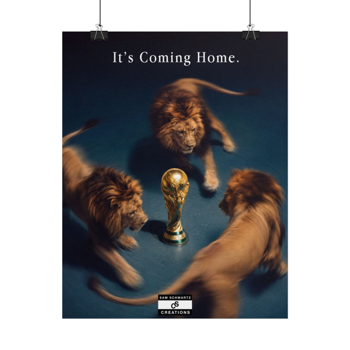 Three lions circling the World Cup trophy in an England football poster