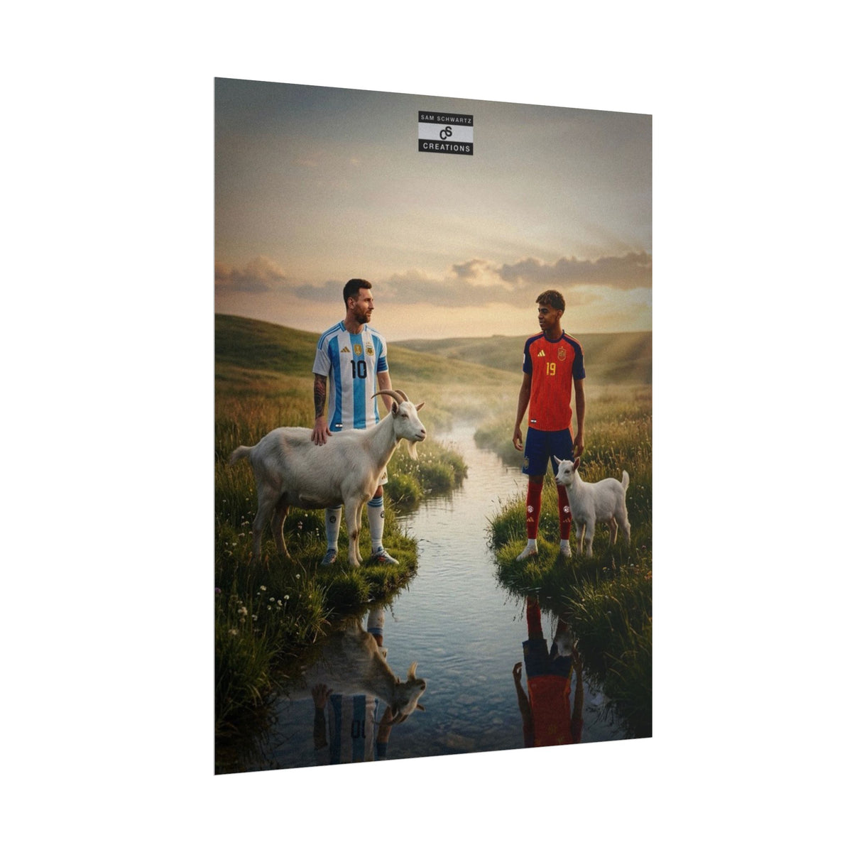 Lionel Messi and Lamine Yamal with goats in a football legacy poster