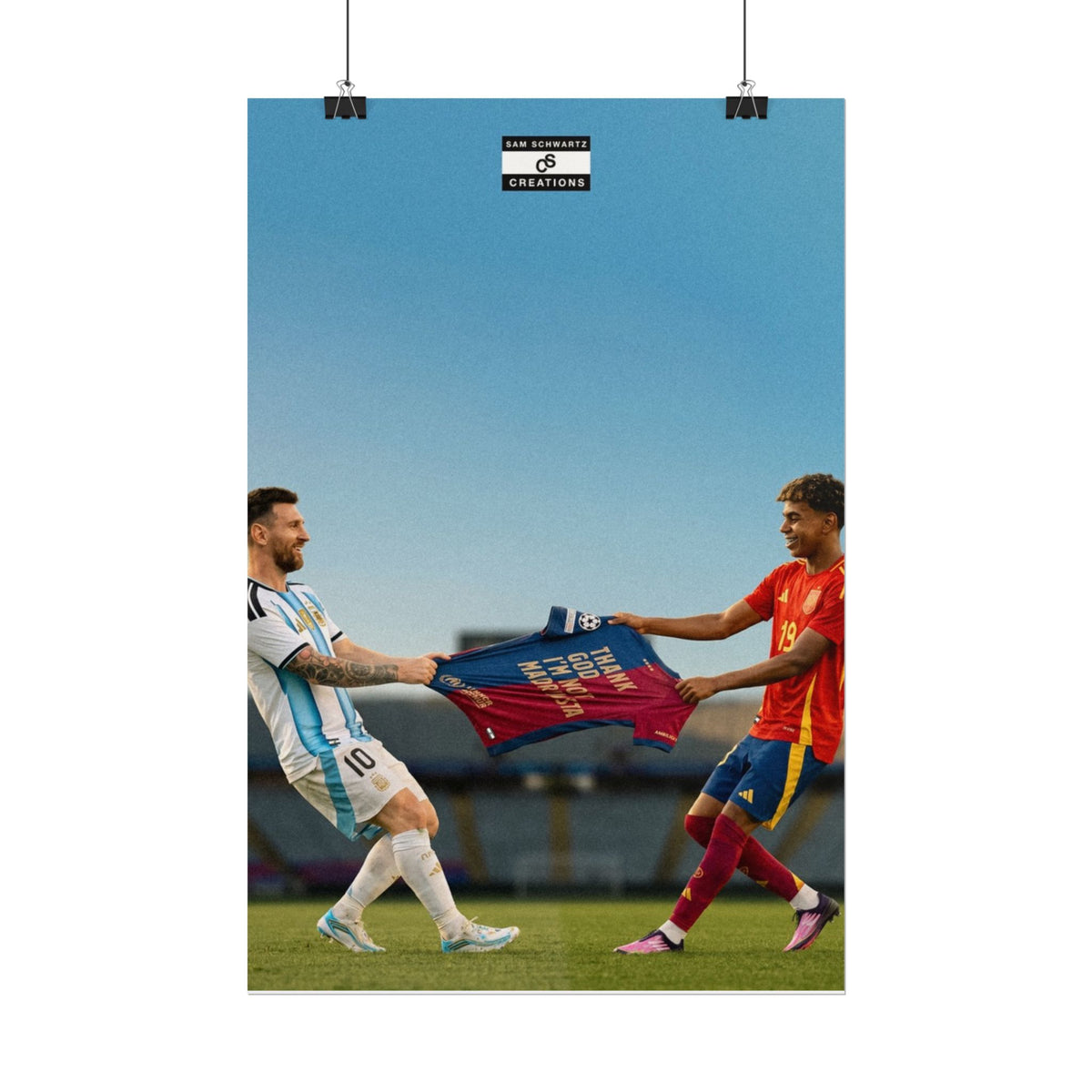 Lionel Messi and Lamine Yamal holding a Barcelona tribute shirt