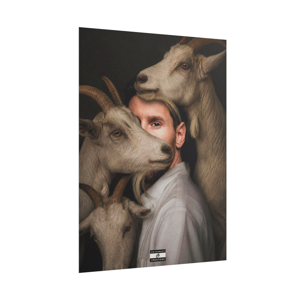 Lionel Messi surrounded by goats in a surreal football GOAT portrait