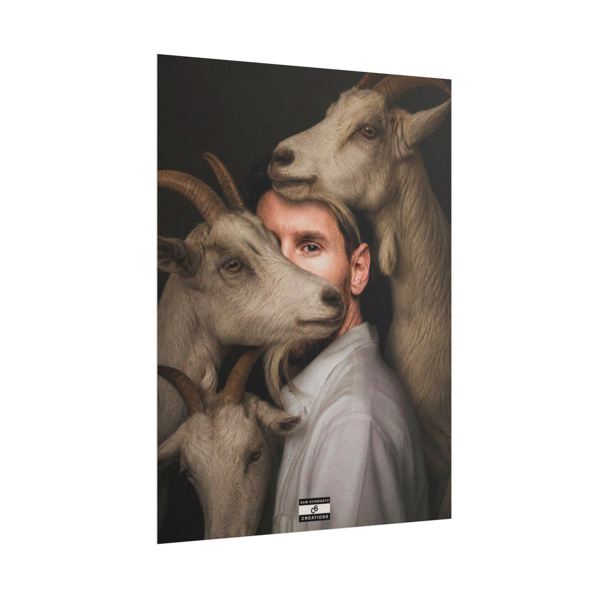 Lionel Messi surrounded by goats in a surreal football GOAT portrait